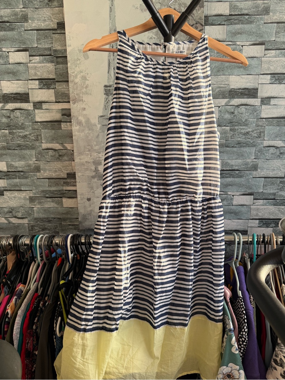 Old Navy Striped Navy & White Drop-Waist Dress with Yellow Hem